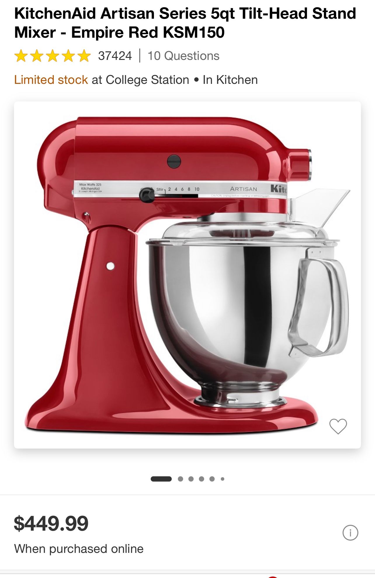 Kitchen Aid Artisan Series 5Qt Tilt Head Stand Mixer Empire Red