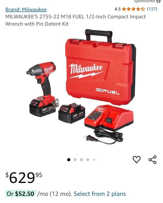 New! 2755-22 Milwaukee M18 FUEL™ 1/2" Compact Impact Wrench w/ Pin Detent Kit