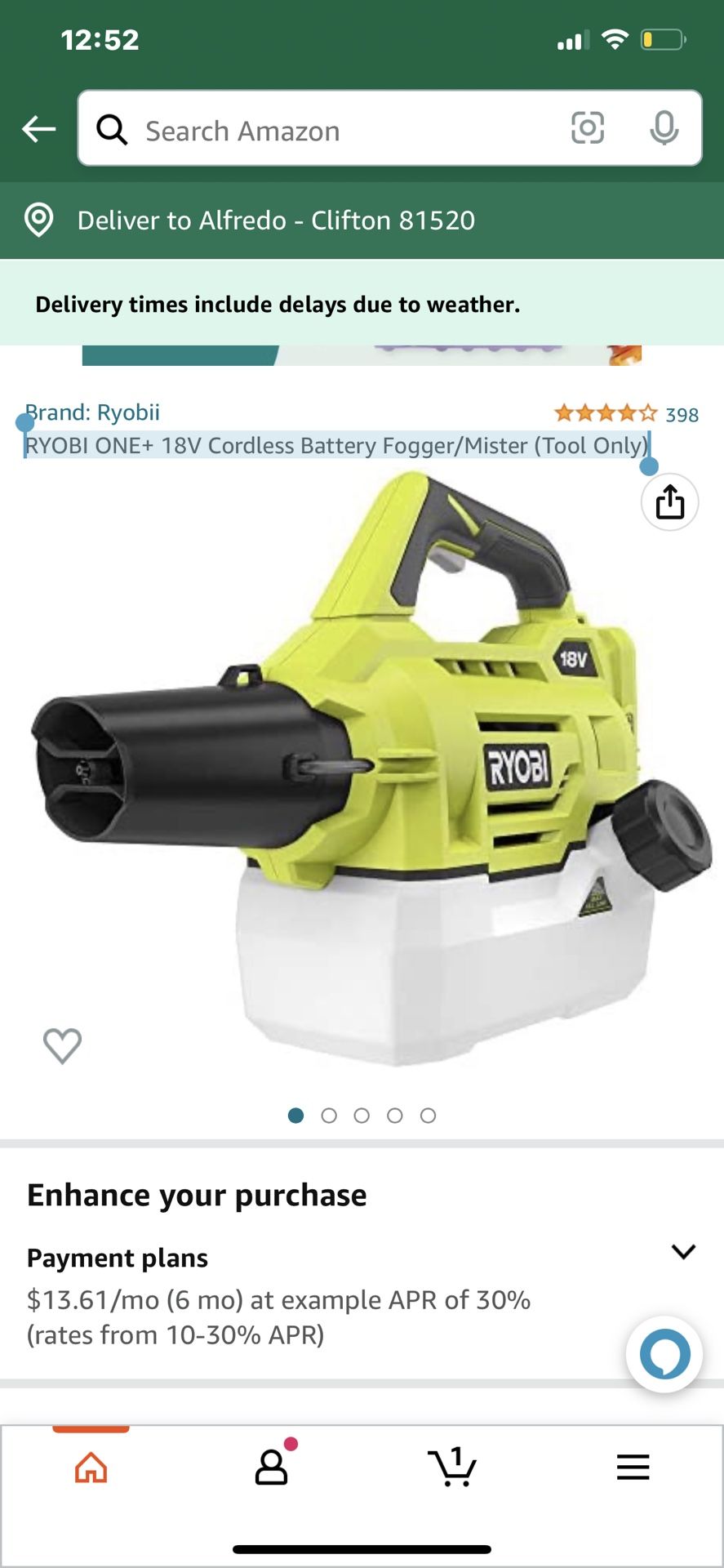 RYOBI ONE+ 18V Cordless Battery Fogger/Mister (Tool Only)