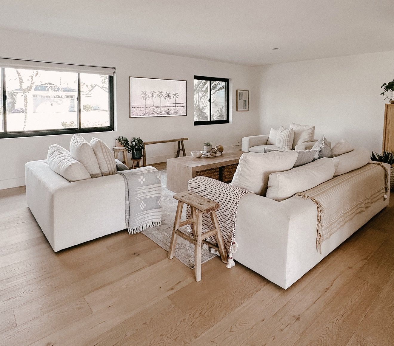 Living Spaces Utopia Cloud-Style Sofa + 2 Chairs Super comfy down-filled set in a neutral off-white/linen fabric.