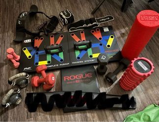 Weights gym equipment 15 lb training soft bar, abmat, 2x10 lb kettlebells, dumbbells, pushups training system etc.$50 FOR ALL