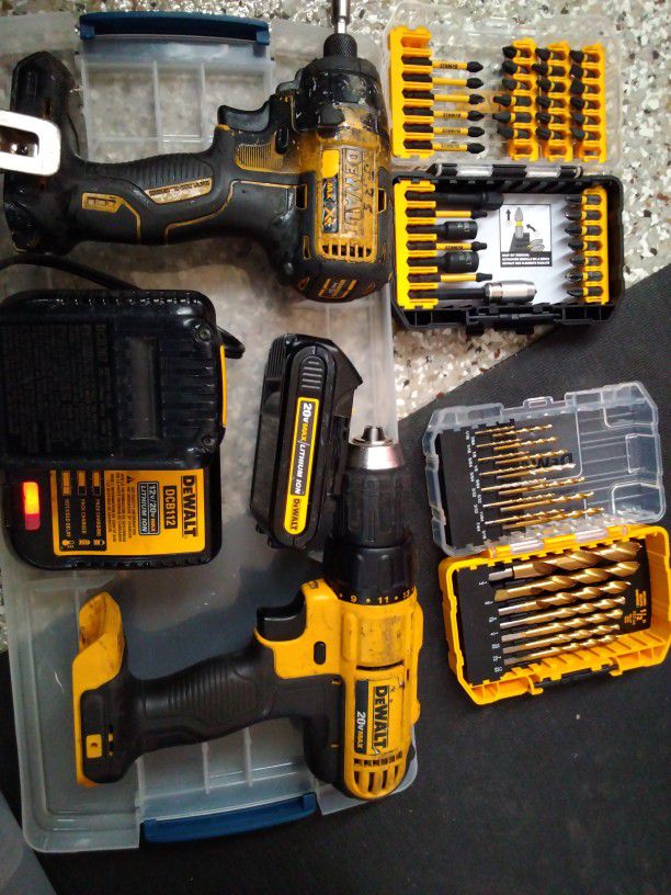 DeWalt Impact Driver, Hammer Drill, 2 Batteries, Charger And 2 Drill Bit/Attachment Boxes 
