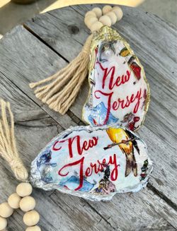 Handmade oyster shell ornaments – New Jersey state