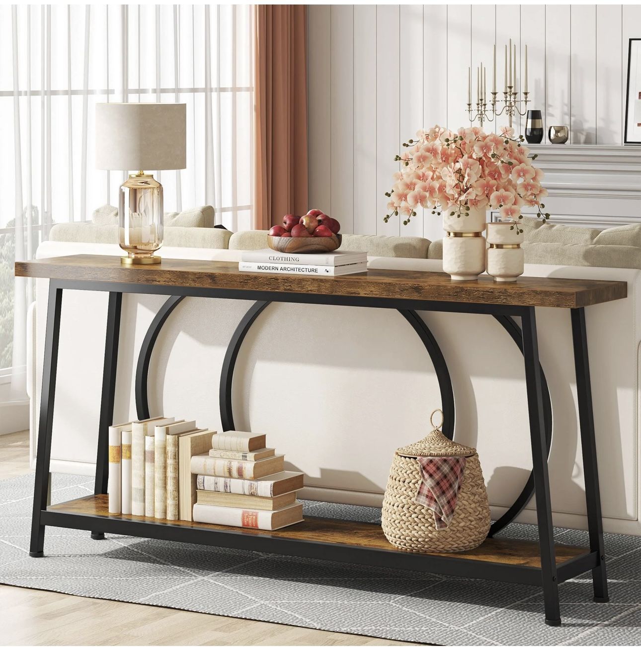 U0156 2-Tier Console Table, 70.9" Sofa Entryway Table with Storage Shelves