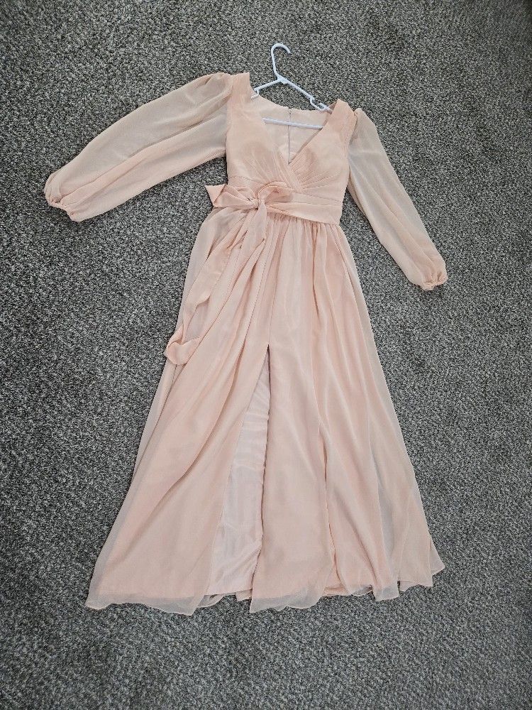 Blush Chiffon Dress with V-Neck and Slit (Never Before Used)