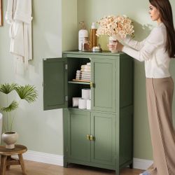 Floor Storage Cabinet, Freestanding Storage Unit with 4 Doors, Adjustable Shelves, 11.8 x 23.6 x 43.3 Inches, for Entryway, Bathroom, Forest Green UBB