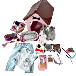 American Girl Pet Accessories Set Plush Dog Puppy House Food Toys Bed Treats Doghouse Leash Toy LOT