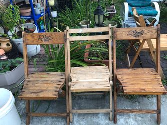 3 antique foldable wooden chairs 2 by Dow’s and one plain