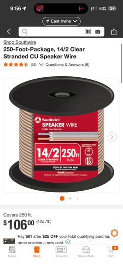 Southwire 250 ft 14/2 Copper Speaker Wire / Cable para Bocinas de Cobre