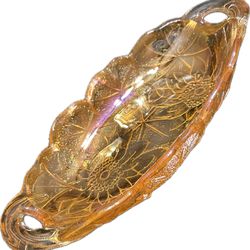 Vintage Indiana Carnival Glass Oval Sunflower Amber Candy/Relish Dish 9.5” excellent condition 
