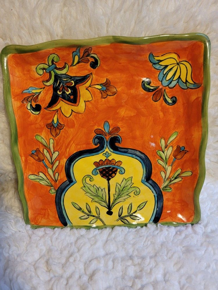 Vintage Talavera Hand Painted Mexican Art Pottery 11” Square Platter Beautiful!