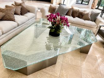 Modern Crackled Glass Coffee Table with Metal Base