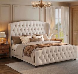 King Bed Frame with Tall Headboard, Upholstered Platform Bed Frame King Size, with Wingback Tufted Headboard and Footboard, Wooden Slats, No Box Sprin