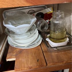 Boxes Of Old Dishes An Cake Pans 