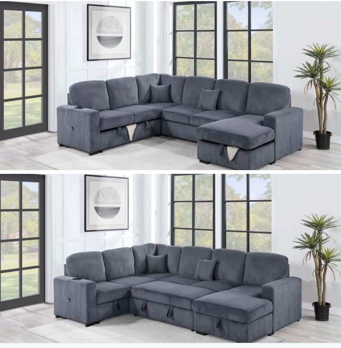 $649-4Piece Convertible Sectional Sleeper Sofa ,Chaise Storage ,Sofa Storage & USB Ports 98” x 103” x 61” x36”H