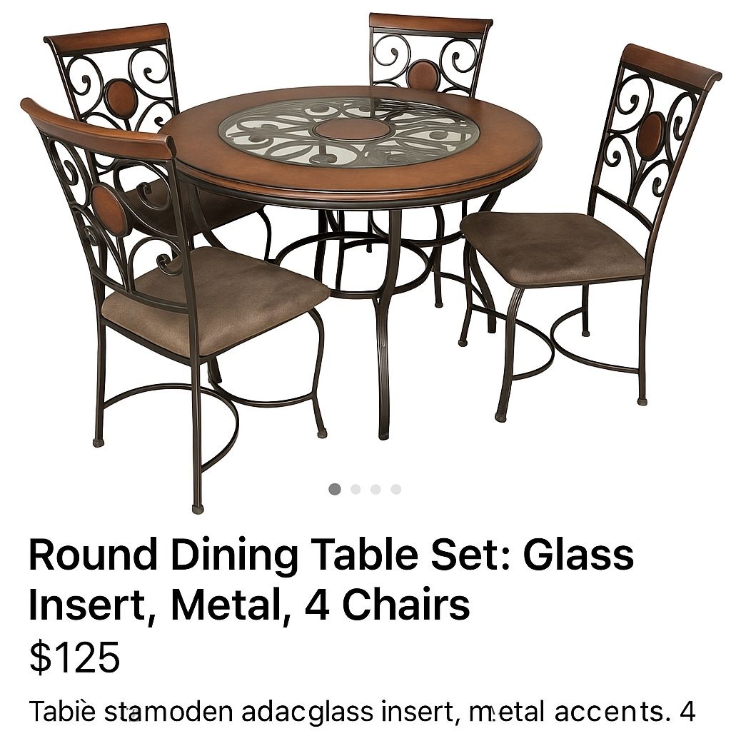 Round Dining Table Set – Glass Insert, Metal Frame, 4 Chairs