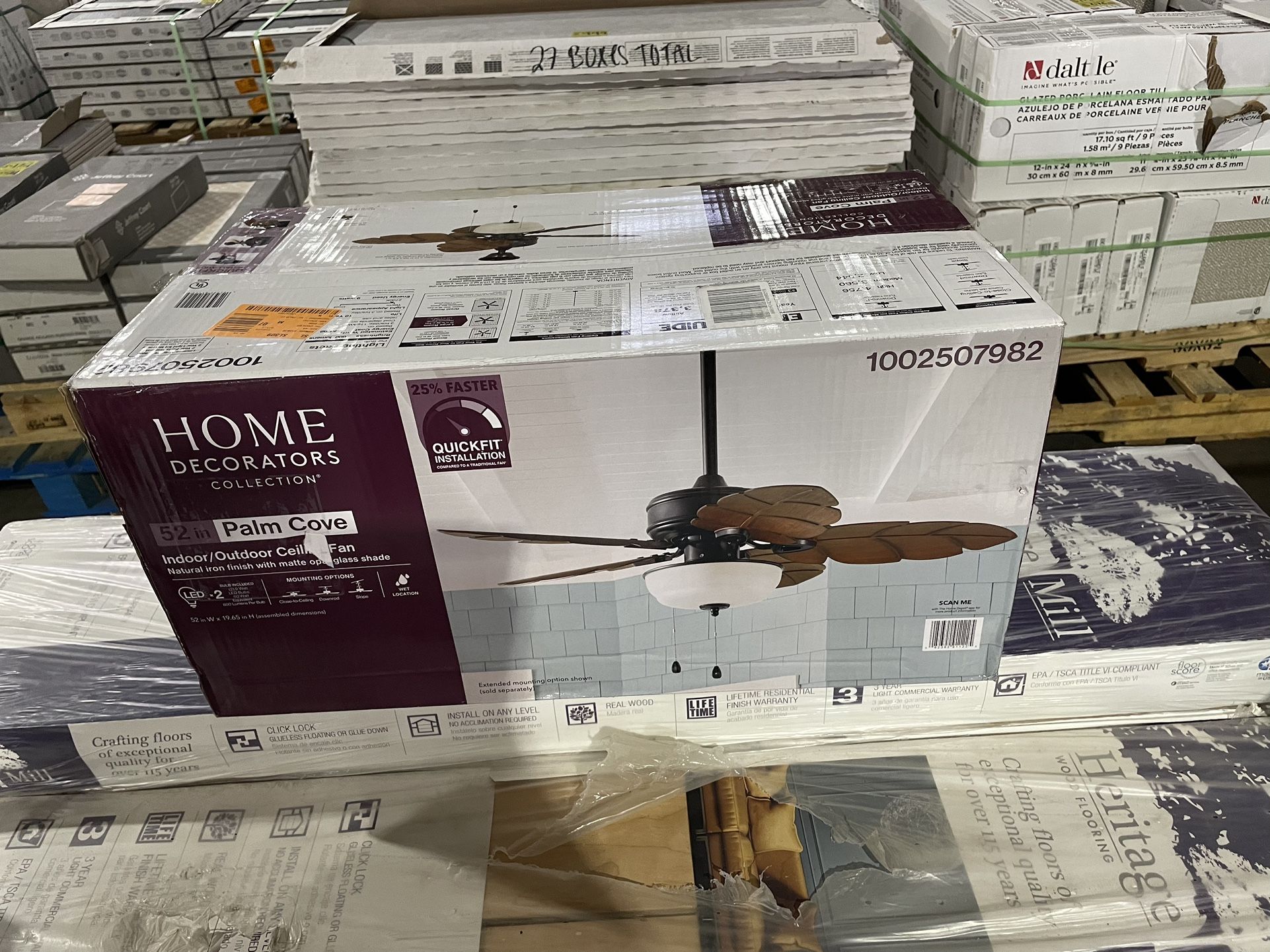 SaleSumo Palm Cove 52 in. Indoor/Outdoor LED Natural Iron Ceiling Fan with Light Kit, Downrod and Reversible Motor