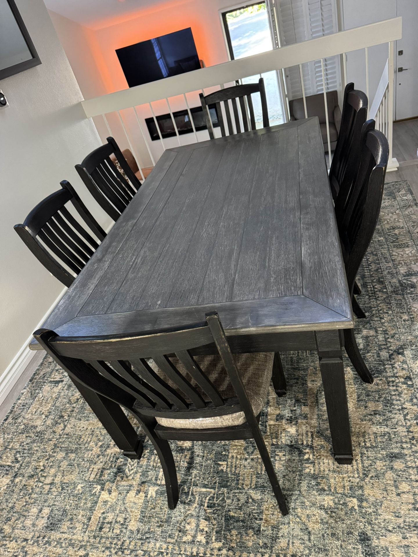 Modern 7-Piece Dining Table Set – Rustic Gray Wood with Upholstered Chairs