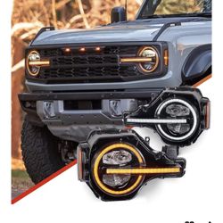 Headlights Compatible for 2021-2024 Ford Bronco 2 or 4 Door [Base/Big Bend/Badlands/Wildtrak/First Edition/Raptor],w/Sequential Turn Signal,Startup An