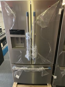New scratch and dent Maytag French door fridge and range stainless steel 1 year warranty
