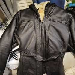 Wilsons Leather black faux fur-lined hooded jacket with a belt. Womens