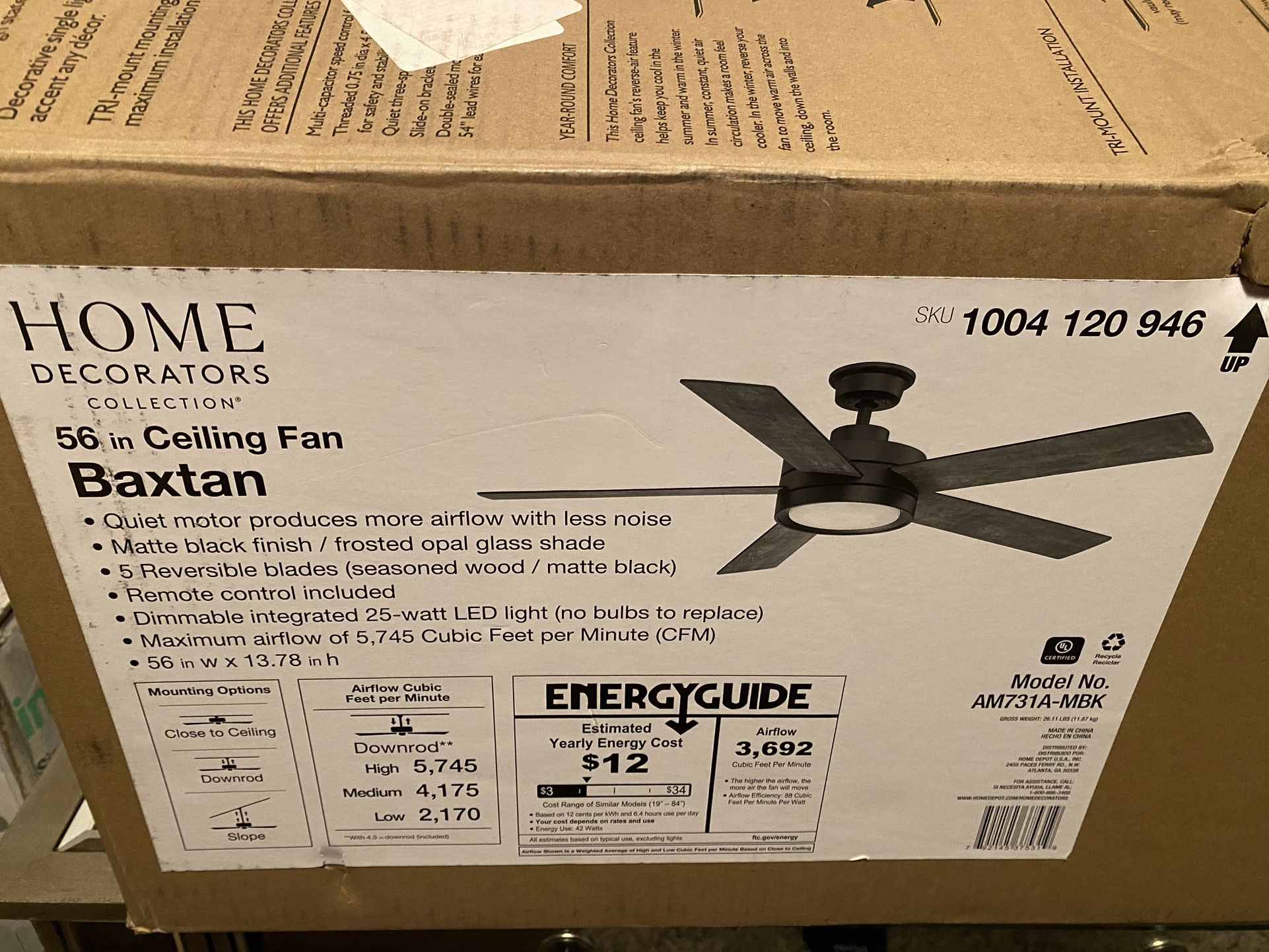 Home Decorator’s 56 Inch Black Ceiling Fan - Missing Blades