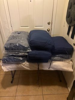 Blue patio cushions