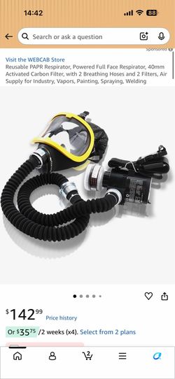 Reusable PAPR Respirator, Powered Full Face Respirator, 40mm Activated Carbon Filter, with 2 Breathing Hoses and 2 Filters, Air Supply for Industry, V