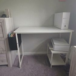 White Desk + HP Printer + Rolling Cart