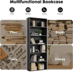 6 Open Shelf Bookcase, Large 63 Inch Tall Display Storage Shelves, Floor Standing Bookshelf for Home Office, Living Room, Black.

New in box 