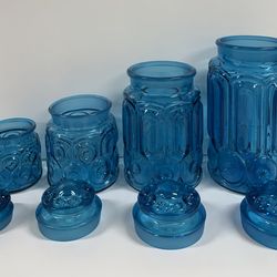 Moon & Star 4 Canister Set W/ Lids LE Smith Light Blue Vintage Glass Apothecary