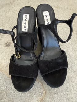 Steve Madden Black Ankle Strap Wedges Open Toe Heels - Size 6.5 to 7