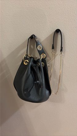 Black Leather Bucket Bag with Gold Chain