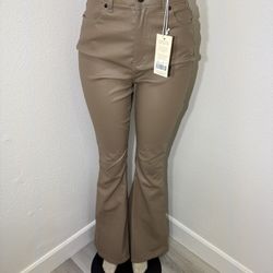 Women’s Tan Faux Leather High Waist Flare Pants Bootcut Stretch Trousers  