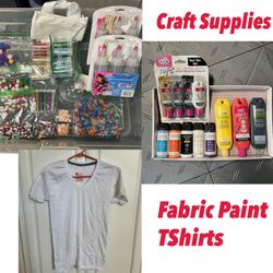 Craft supplies, tie-dye, beads, glitter, mini totes, T-shirts, fabric paint