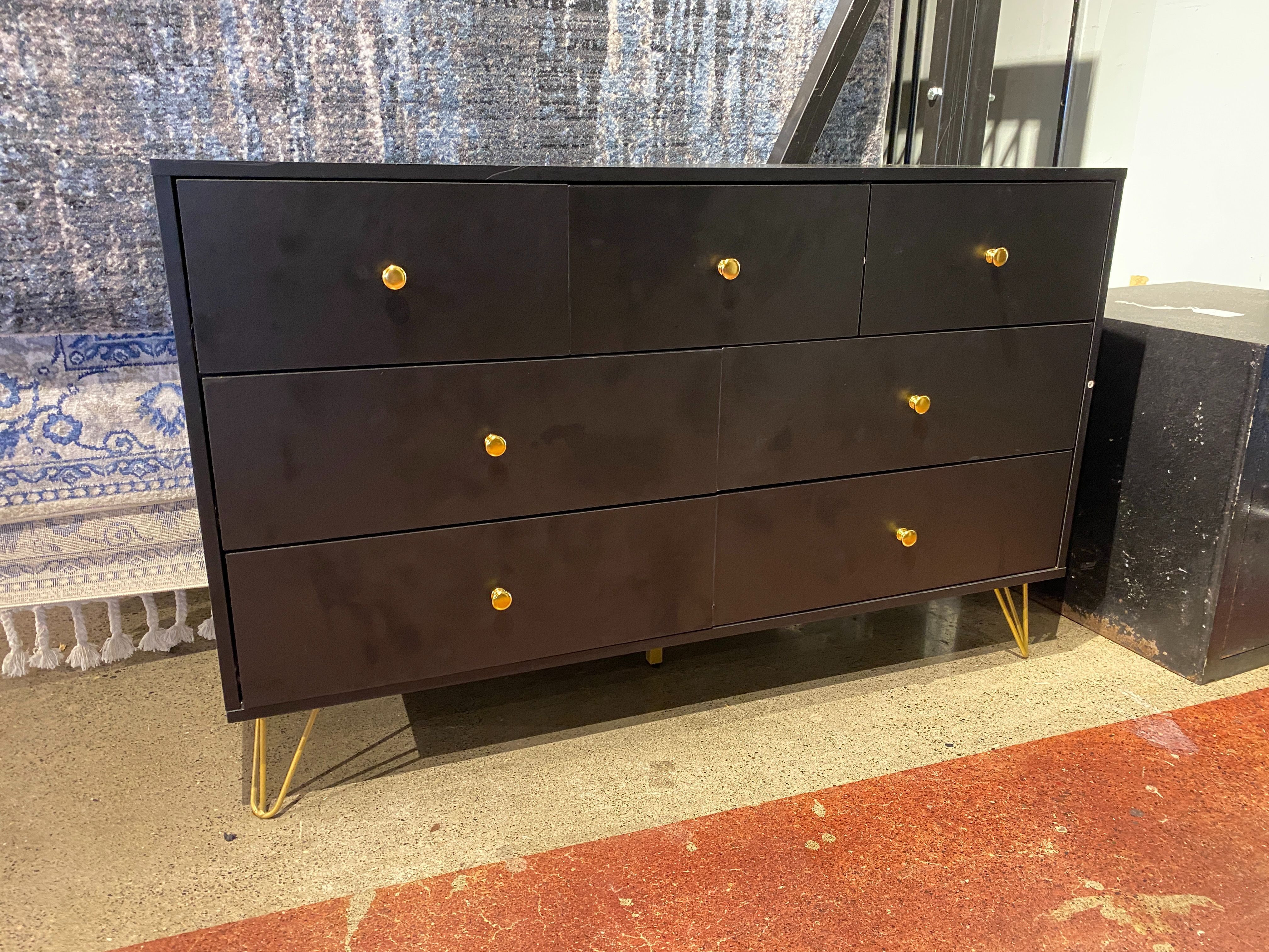 Modern Black Seven Drawer Dresser with Gold Hardware