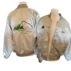 Rare hartwell sports Silver Bomber Jacket Embroidered pine tree Details vintage    Stylish silver bomber jacket featuring unique embroidered designs. 
