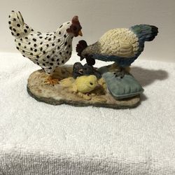 Resin Country Farm House Family Rooster Chicken Chicks Figurine Statue