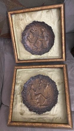 PAREJA DE CUADROS ANTIGUO DE MADERA Y BRONCE