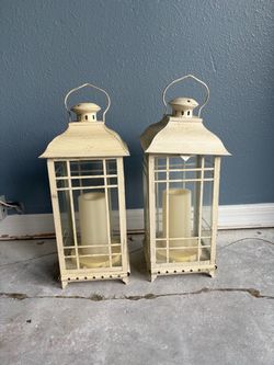 Set of 2 Cream Metal Candle Lanterns