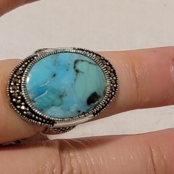 Fine Silver Plated genuine Turquoise Marcasite Ring