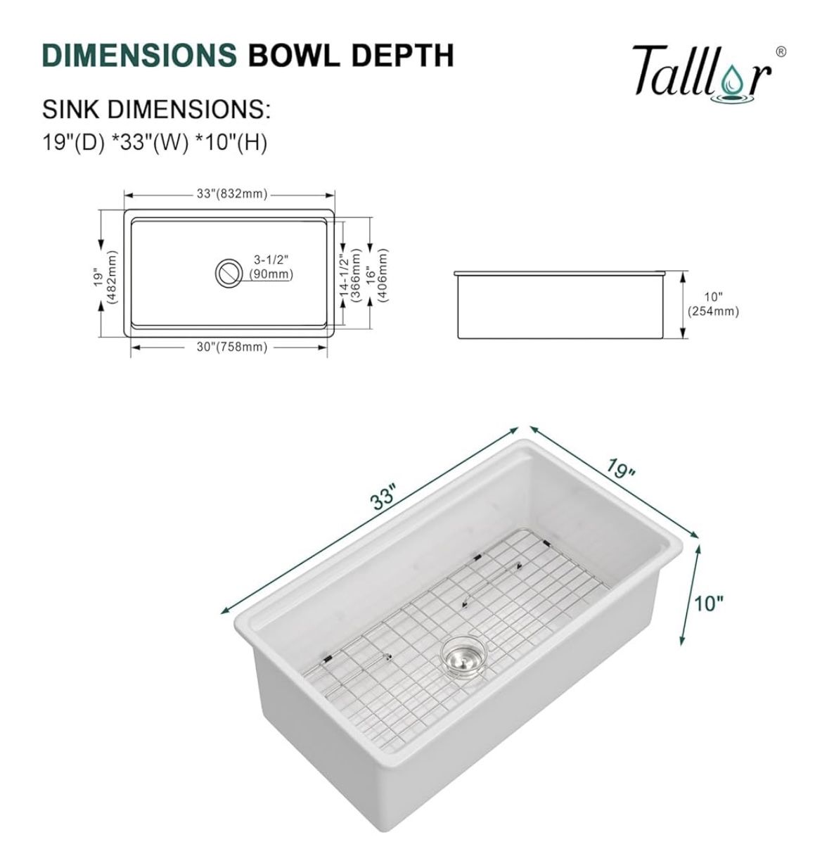 33 Inch White Undermount Kitchen Sink Workstation - 33"x19" Topmount Fireclay White Kitchen Sinks Drop In Ceramic All-In One Dual-Mount Single Bowl Fa