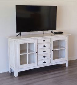 White Wood Farmhouse TV Stand / Media Console – Glass Doors – Solid & Clean