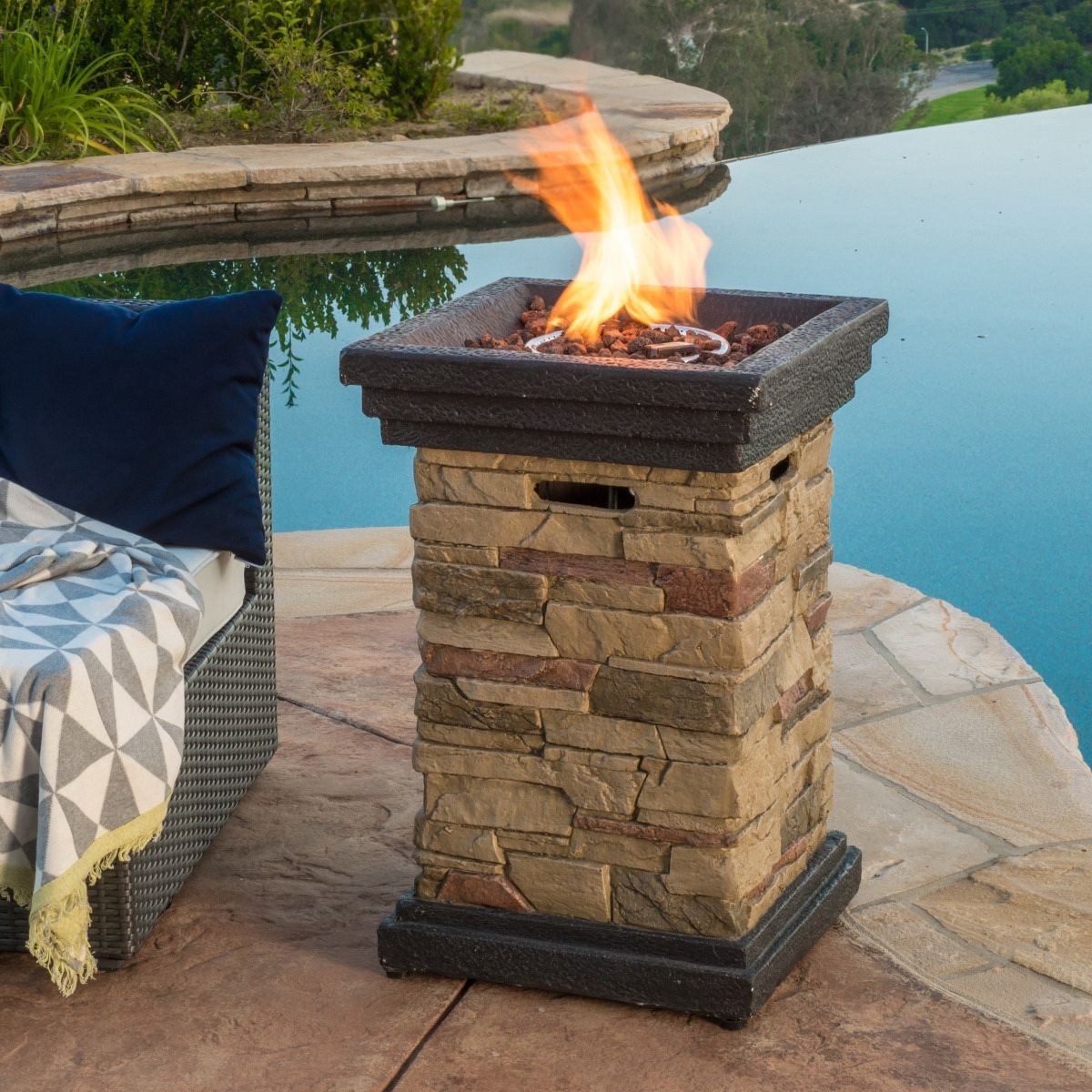 New🔥40,000 BTU Outdoor Propane Gas Fire Pit🔥 – 20” Square Steel Pillar with Slate Rock Finish, Includes 6.6 lbs Lava Rocks & Weather-Resista