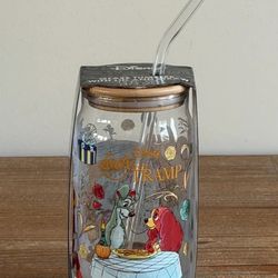 Disney Lady and the Tramp Glass Tumbler with Lid & Straw New Valentine’s Day Gift