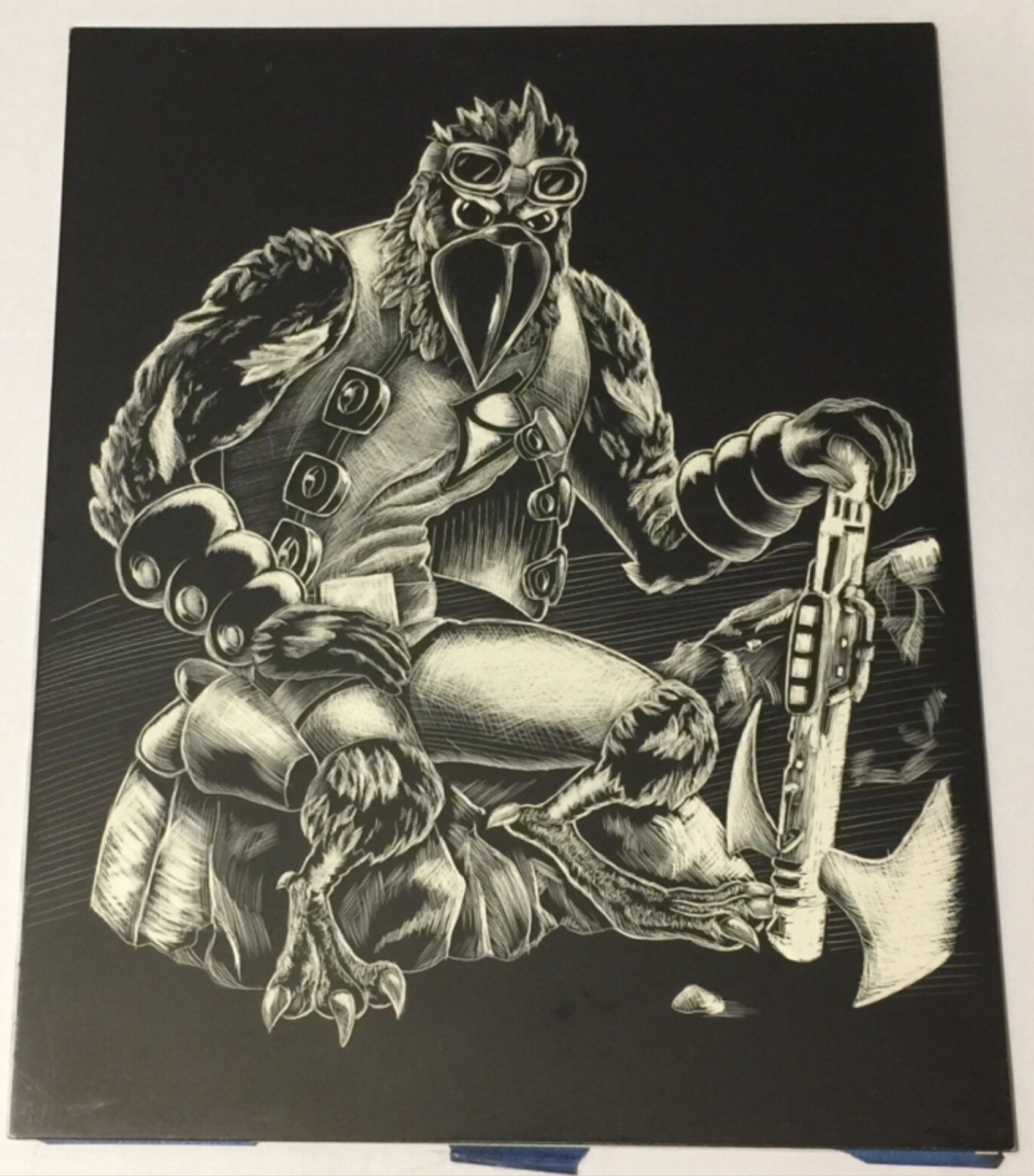 Alan Bennett Corvis Corrax Sitting Scratchboard Original Art 11x14 in w/ Overlay