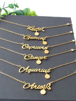 Constellation Zodiac Old English Letter Sign Pendant Necklace Astrology