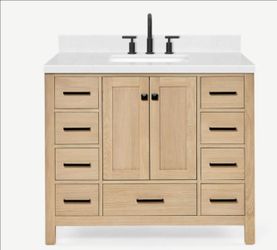 Ariel Cambridge 42 Inch Single Rectangular Sink Bathroom Vanity With Carrara White Quartz Countertop 1.5 Inch Edge In Oak