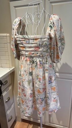 NWT Abercrombie & Fitch Emerson linen-blend puff sleeve mini dress,  a vintage-inspired Italian fruit and postcard print size S dress