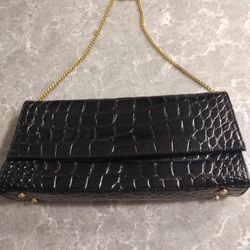 Tiffany and Fred Black Handbag Gold Chain Handle a little worn at the top tiny bit hardly see it 12 x 6 inches 